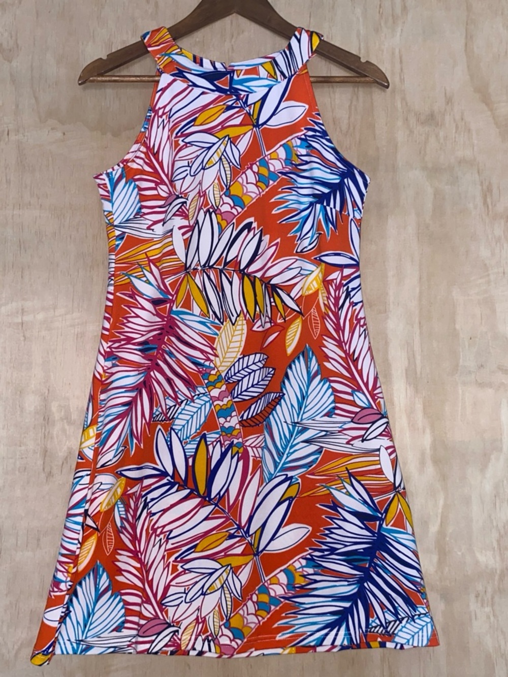 Vibrant Orange Tropical Halter Mini Dress